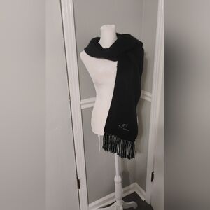 Alpaca Camargo Women's Luxury Embroidered Logo Black Fringed Scarf OS